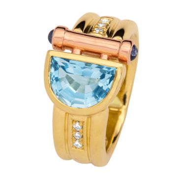 Moderner Ring mit Edeltopas, Saphiren und 6 Brillanten