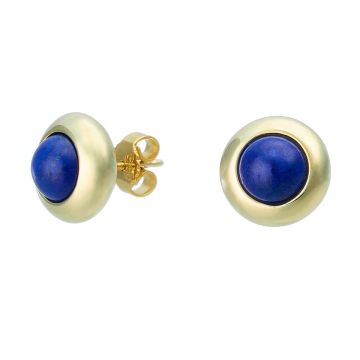 Ohrstecker in 14-karätigem Gelbgold. Die runden Schaustücke sind hochglanzpoliert gearbeitet und fassen mittig jeweils einen runden Lapislazuli in Cabochonschliff. 
