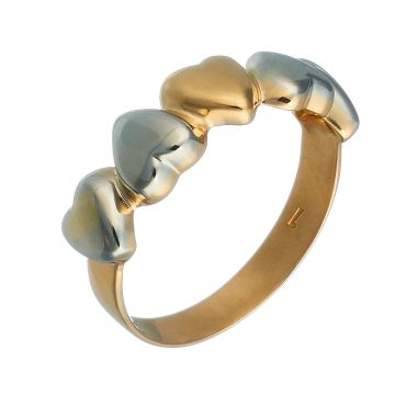 Damenring in 18-karätigem Bicolor Gold. Die schlichte hochglanzpolierte Ringschiene geht in das Schaustück über, bei dem abwechselnd in Weiß- und Gelbgold Herzen aneinandergereiht sind. 