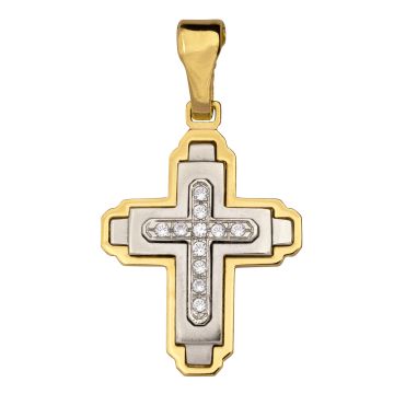 Modernes Kreuz in 585er Bicolor Gold und 11 Zirkonia