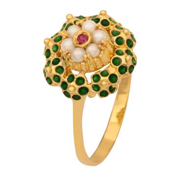 Damenring mit Zuchtperlen, Rubin und grünem Emaille