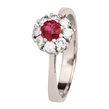Funkelnder Weißgoldring mit 8 Brillanten und einem Rubin