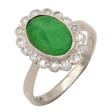 Antiker Damenring mit Smaragd Cabochon und 16 Altschliffbrillanten / Diamanten