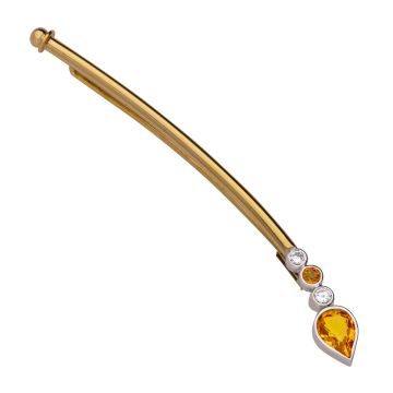 Geschwungene Anstecknadel mit 2 Brillanten und Goldtopas