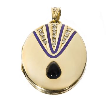 Ovales Medaillon in 585er Gelbgold mit Saphircabochon und Brillanten. Außenansicht vorn