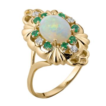 Vintage-Ring im Jugendstil aus 585er Rotgold mit Opal-Cabochon, 6 Smaragden und 4 Brillanten