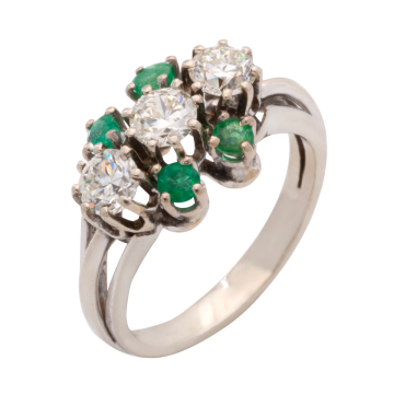 Altschliff-Trilogie mit Smaragden, Damenring in 585er Weißgold