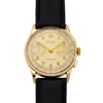 Mechanische vintage Herrenuhr der Marke ORATOR mit Chronograph in 585er Gold mit Lederband