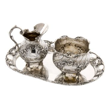 Sahnegießer und Zuckerschale mit Tablett in 800er Silber, Barockstil, 1. Hälfte des 20. Jahrhunderts
