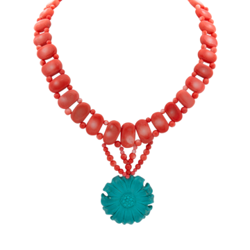 Moderne Designerkette aus asiatischer Koralle und Türkis Magnesit