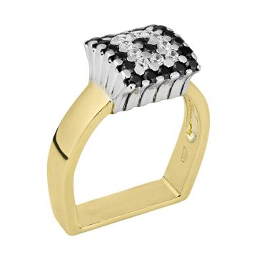 Ring aus 585er Gelbgold und Weißgold mit hufeisenfömiger Vierkantringschiene mit dunklen und weißen Zirkonia