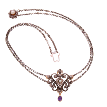 Antiker Anhänger in Silber und Gold mit Diamanten und Amethyst als Kropfband