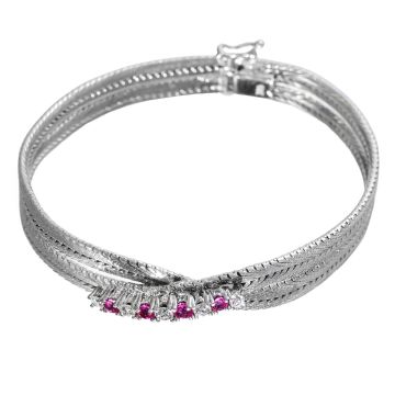 Retro-Armband in 585er Weißgold besetzt mit 5 Brillanten und 4 Rubinen 