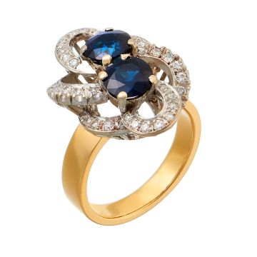 Cocktailring in 14-karätigem Gold mit floral wirkenden, geschwungenen und durchbrochenen Linien mit 2 Saphiren sowie 38 Diamanten.