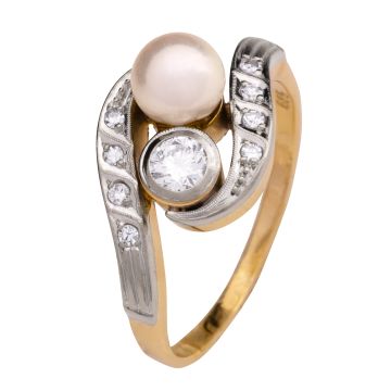 Antiker Damenring mit Brillant, Süßwasserperle und Diamanten