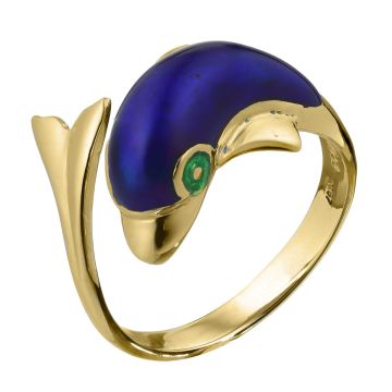 Niedlicher Damenring in Form eines Delphins. Es wirkt, als würde sich der Delphin um den Finger schlingen. An der oberen Seite ist der Ring offen. Der Kopf des Delphins ist emailiert.