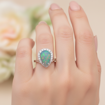 Weißgoldener Ring mit tropfenförmigen Opal und Diamanten