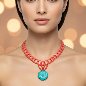 Moderne Designerkette aus asiatischer Koralle und Türkis Magnesit