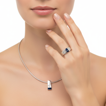 Schmuckset in 585er Weißgold mit Saphir und Brillanten