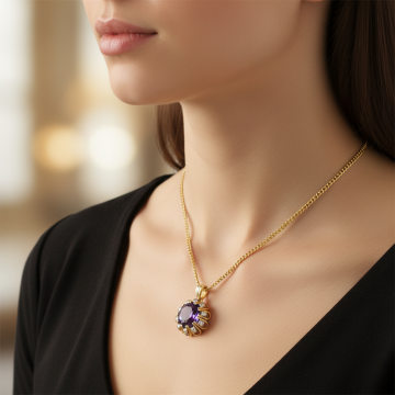 Vintage Amethyst Anhänger mit Diamanten- passende Halskette inklusive