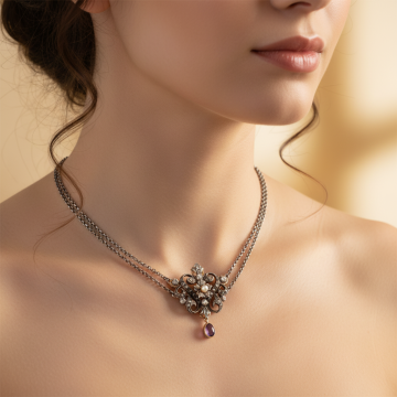 Antiker Anhänger in Silber und Gold mit Diamanten und Amethyst als Kropfband