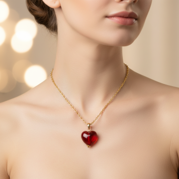 Rotes Schmuckherz mit Ankerkette in 585er Gold