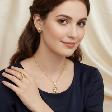 Set - Ohrstecker, Ring und Anhänger mit Kette mit Citrine, Brillanten, Zirkonia