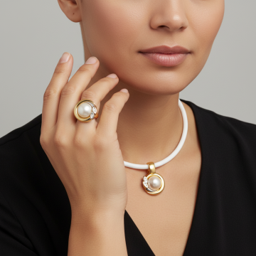 Set – Vario Clip Anhänger, Silikonkette, Ring mit Butonperlen und Diamanten