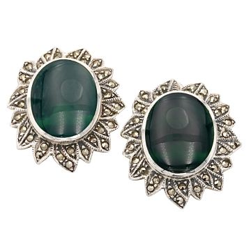 Statement Ohrclips mit synthetischen Malachiten und Markasiten
