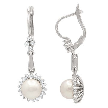 Feminine Weißgold Ohrringe mit Perlen und 44 Zirkonia