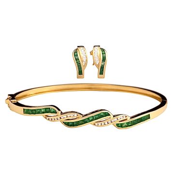 Set- Armreif und Ohrringe mit Smaragden, Brillanten und Zirkonia