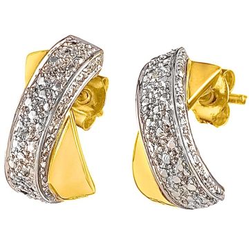 Paar Bicolor-Ohrstecker in gebogener Form aus einem gelbgoldenen Band gekreuzt von einem weißgoldenen Band mit reliefierter Struktur. besetzt mit je zwei Diamantsplittern.