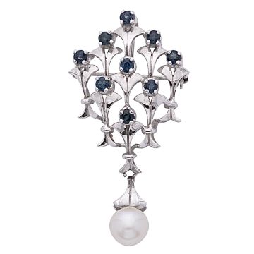 Brosche/Anhänger in Weißgold mit Saphiren und Zuchtperle