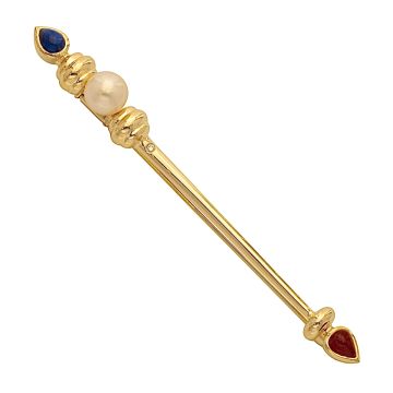 Stilvolle Stabbrosche mit Zuchtperle, Diamant, Saphir und Rubin