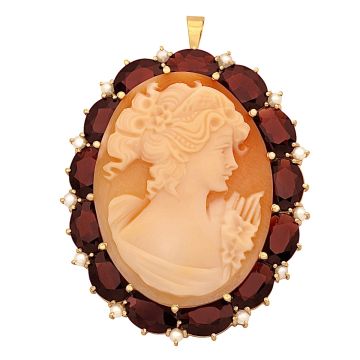 Anhänger/ Brosche mit Gemme, Granatsteinen und Perlen