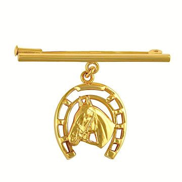 Anstecknadel mit anhängendem Hufeisen und Pferdekopf