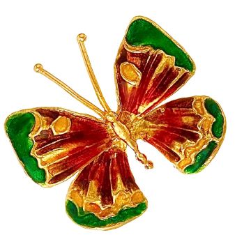 Brosche in Form eines Schmetterlings in 18-karätigem Gelbgold. Emailliert und detailgetreu gearbeitet.