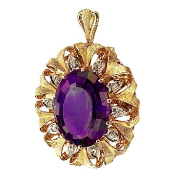 Blüten-Brosche in 750er Gelbgold mit großem Amethyst und 10 Diamantrosen