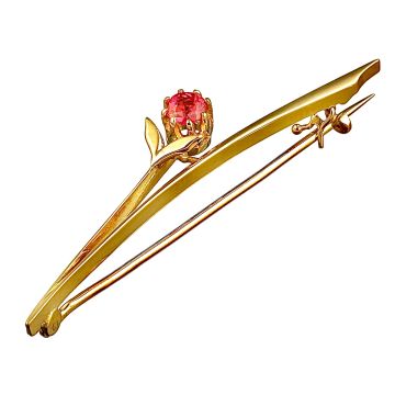 Zarte Jugendstil-Stabbrosche aus 585er Gelbgold mit Blume, die mit einem Rubellit besetzt ist
