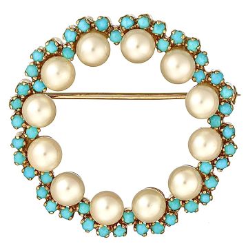 18-karätige Brosche Blütenkranz mit Perlen und Türkisen