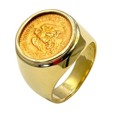 Hochwertiger Unisex-Ring aus 14-karätigem Gold als Fassung für die mexikanische Münze mit 90 Prozent Feingehalt. Die Schauseite der Münze zeigt den dem mexikanischen Wappen entsprechenden Adler,
