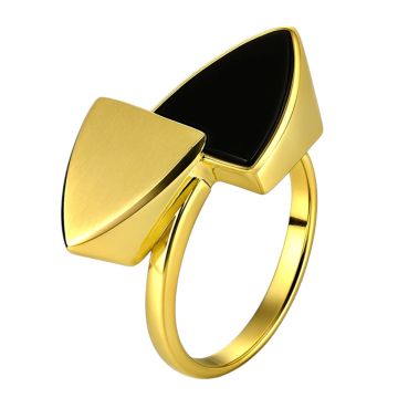 Moderner Damenring in 585er Gelbgold, der schauseitig 2 dreieckige Elemente aufweist. Das eine der beiden Elemente ist satiniert, während das etwas tiefliegendere Element einen schwarzen Onyx-Stein fasst. 