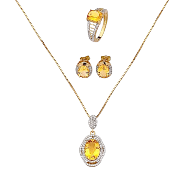 Set - Ohrstecker, Ring und Anhänger mit Kette mit Citrine, Brillanten, Zirkonia