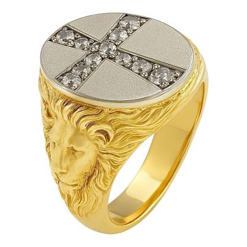 Einzigartiger Herrenring mit Löwenköpfen und Diamanten in Kreuzform angeordnet