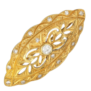 Tröpfchenförmige Art Deco Broschemit großem funkelndem Altschliff-Brillant von 0,20 ct mittig.
Mit kleinen Diamant-Rosen