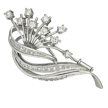 Cocktail-Brosche um 1940/50, mit geschwungenen diamant-besetzten Bändern und brillant-besetzten Stäben, in Art eines stilisierten Blumenstraußes, variabel tragbar in Hoch- oder Querformat.