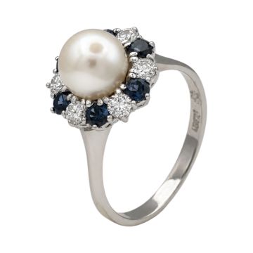 Weißgoldring mit Perle, Brillanten und Saphiren