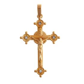 Massives Kreuz aus 18-karätigem Gelbgold. Dreidimensional ist ein gekreuzigter Jesus aufgesetzt. Die Endstücke der Achsen tragen jeweils einen Brillanten. Mit großer Öse.