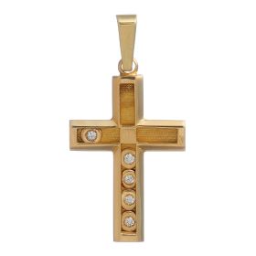 Anhänger aus dem Hause Tendor in Form eines Kreuzes in 14-karätigem Gelbgold. Der Korpus des Kreuzes ist schauseitig offen. Darin sind 5 Solitär-Zirkonia, die beweglich sind.