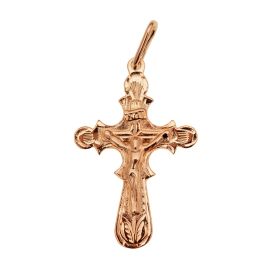 Anhänger in Form eines Kreuzes in 14-karätigem Gold mit geschwungenen Balken. Gekreuzigter Jesus mit der Inschrift INRI.